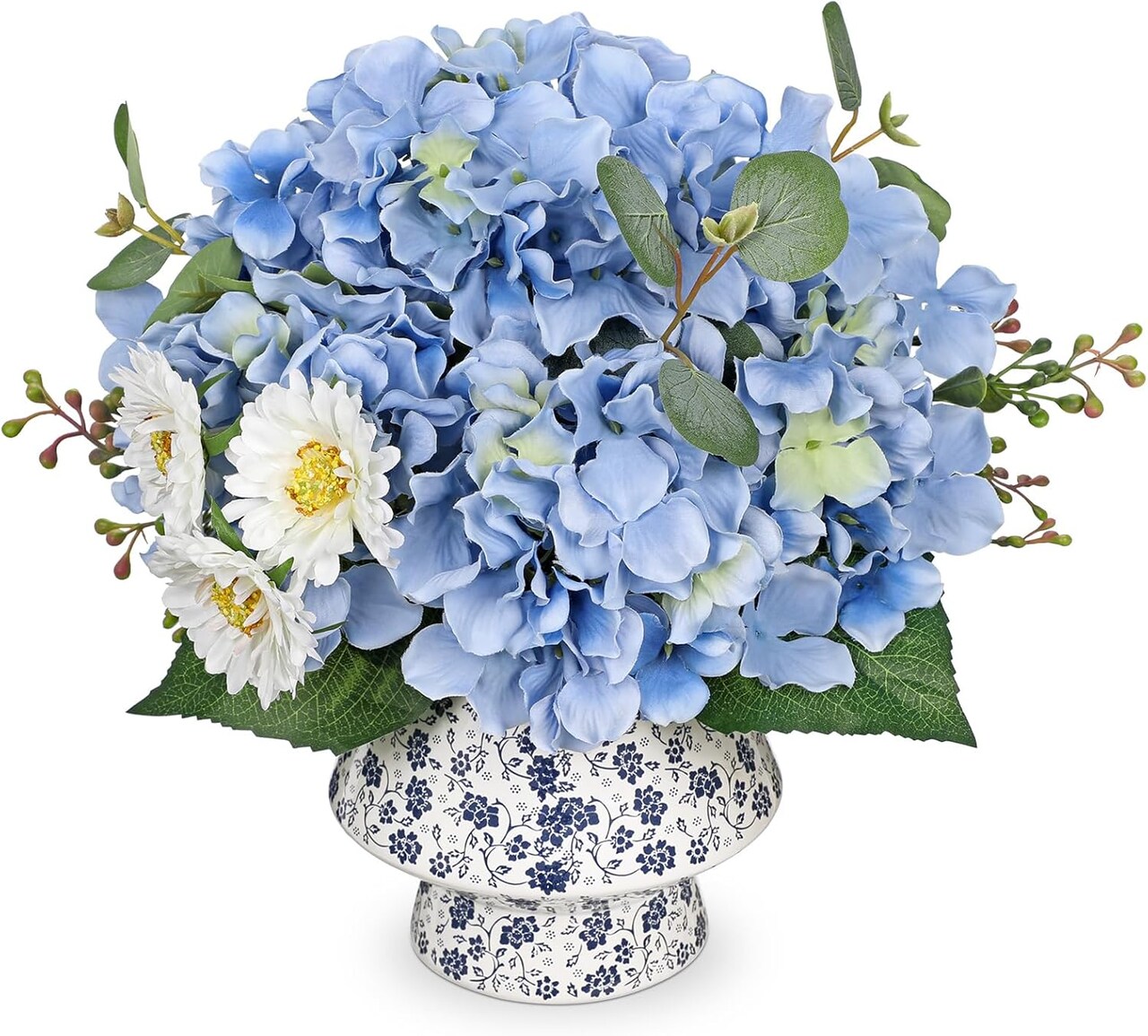 Artificial Flowers Mixed Daisy Eucalyptus Leaf Berries Fake Flowers, Large Blue and White Ceramic Vase Realistic Silk Flowers Bouquet for Home Decor Indoor Wedding Farmhouse